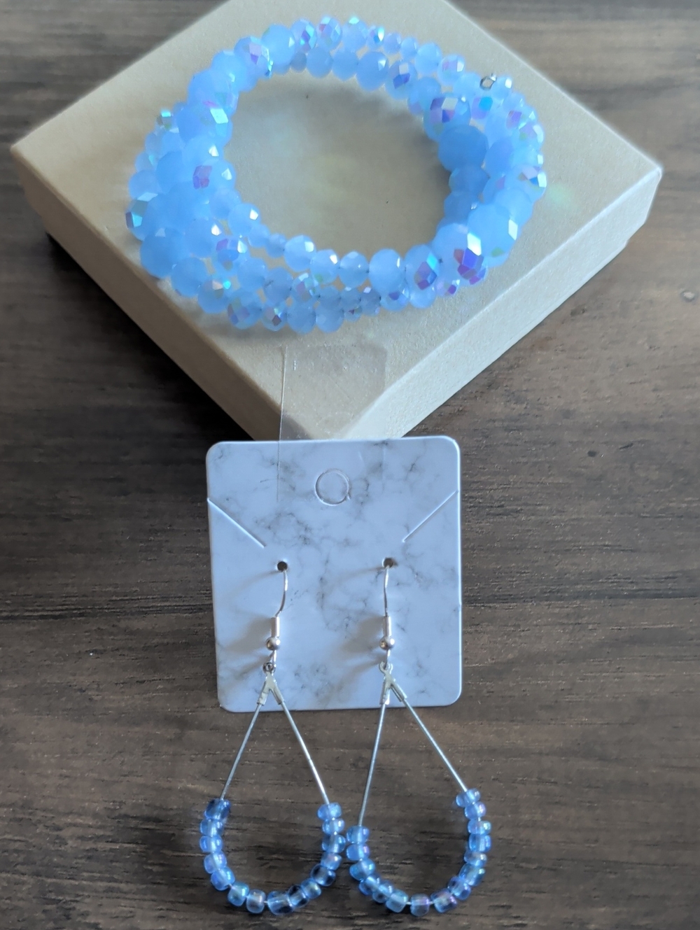 Light Blue Beaded Hoop Earrings and Bracelet Set